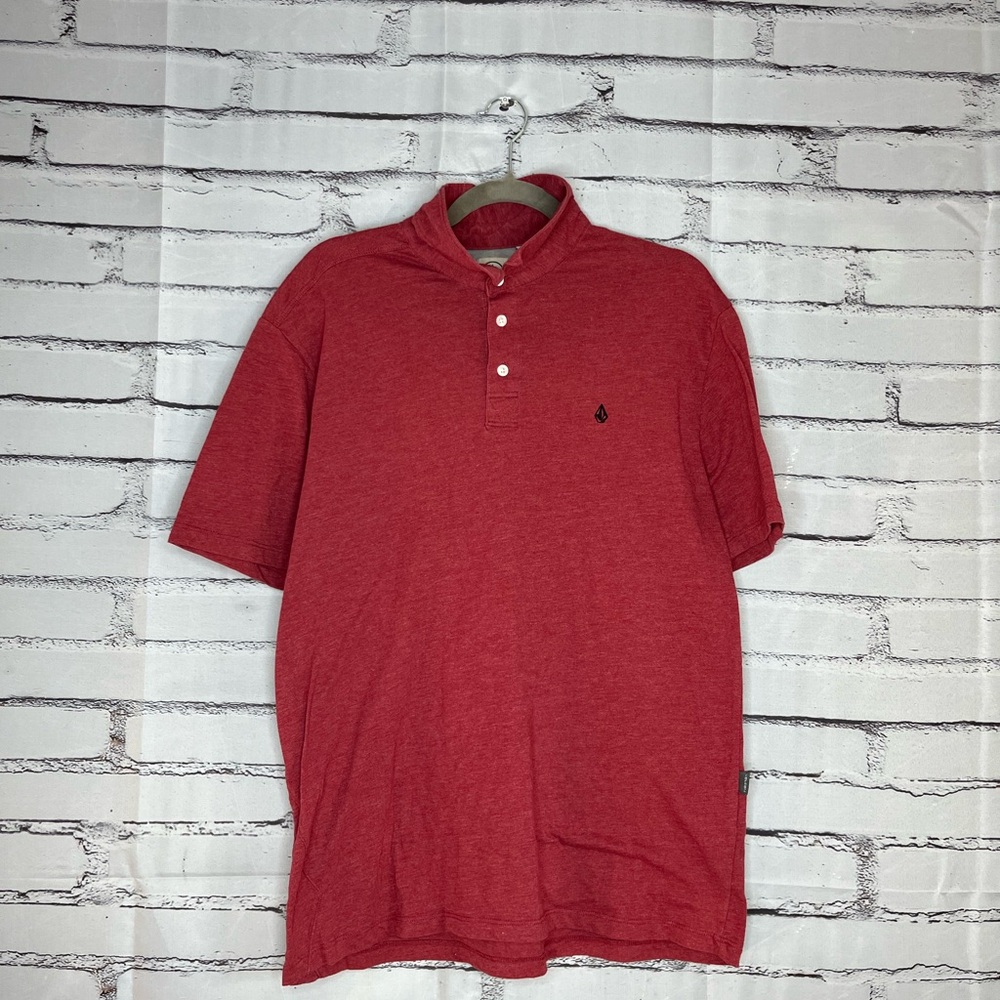 Volcom Red Polo Shirt Classic Design 1/4 Button Collared Relaxed Fit SZ L Golf
